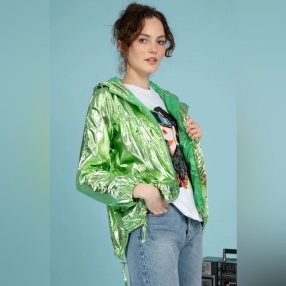 Attrait Paris Metalic Jacket Parka Green Wind Breaker size Large
